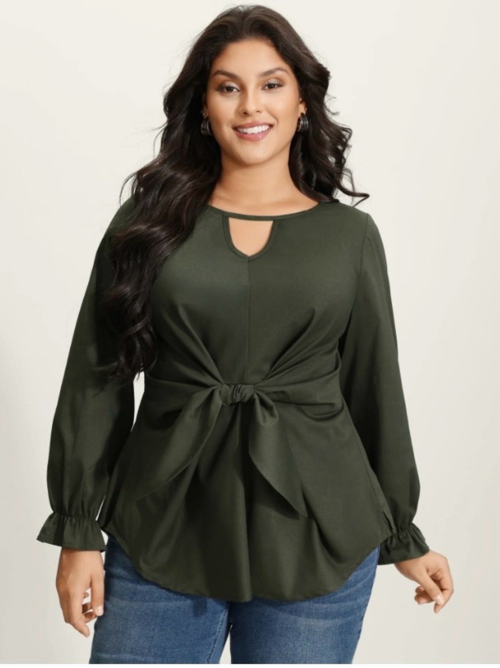 NWT- BloomChic Olive Long-Sleeve Tie-Front Blouse-